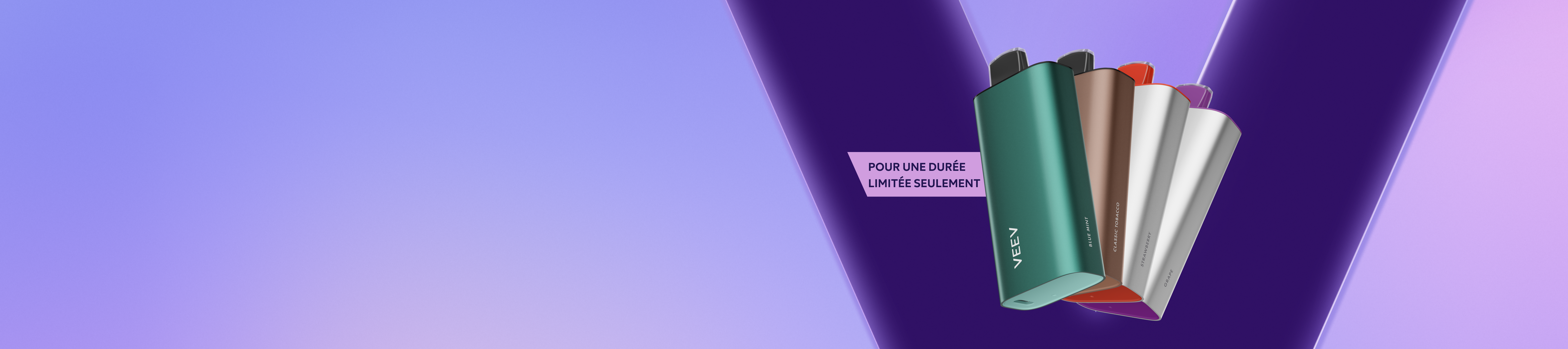 4 VEEV NOW jetables sur fond en V violet 